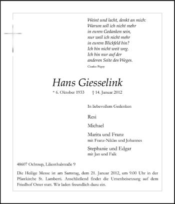 Anzeige von Hans Giesselink von Westfälische Nachrichten