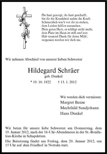 Anzeige von Hildegard Schräer von Westfälische Nachrichten