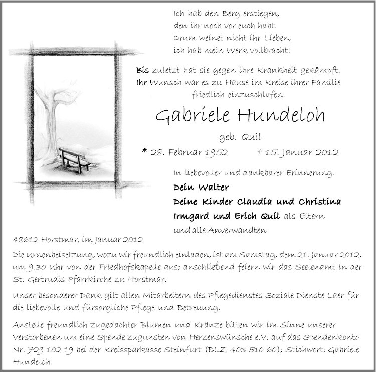  Traueranzeige für Gabriele Hundeloh vom 18.01.2012 aus Westfälische Nachrichten
