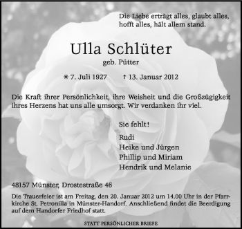 Anzeige von Ulla Schlüter von Westfälische Nachrichten