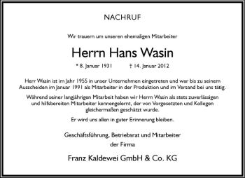 Anzeige von Hans Wasin von Westfälische Nachrichten