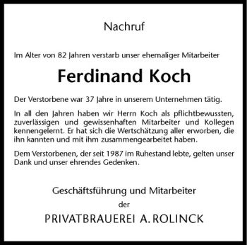 Anzeige von Ferdinand Koch von Westfälische Nachrichten