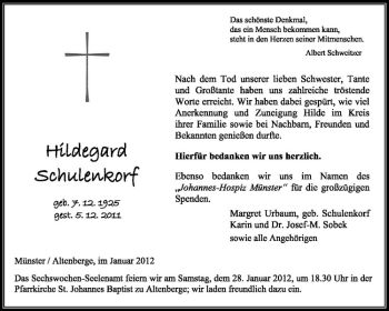 Anzeige von Hildegard Schulenkorf von Westfälische Nachrichten