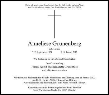 Anzeige von Anneliese Grunenberg von Westfälische Nachrichten