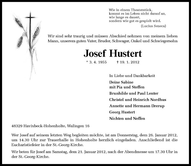  Traueranzeige für Josef Hustert vom 21.01.2012 aus Westfälische Nachrichten
