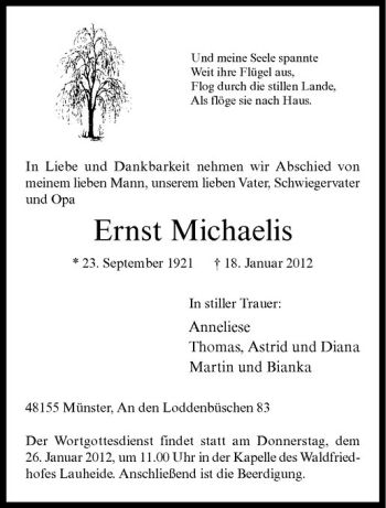 Anzeige von Ernst Michaelis von Westfälische Nachrichten