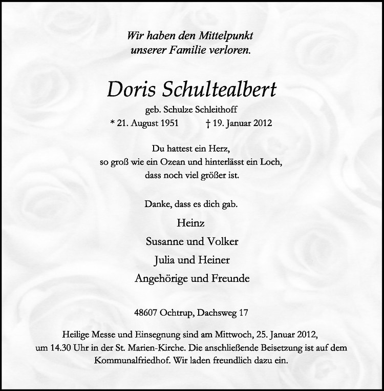  Traueranzeige für Doris Schultealbert vom 21.01.2012 aus Westfälische Nachrichten