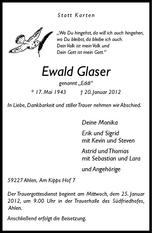  Traueranzeige für Ewald Glaser vom 23.01.2012 aus Westfälische Nachrichten