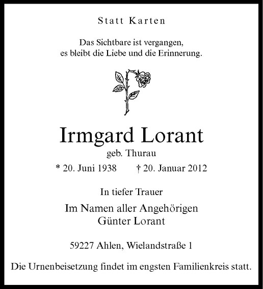  Traueranzeige für Irmgard Lorant vom 25.01.2012 aus Westfälische Nachrichten