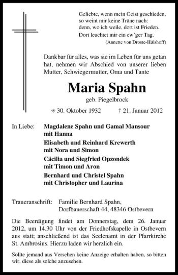 Anzeige von Maria Spahn von Westfälische Nachrichten