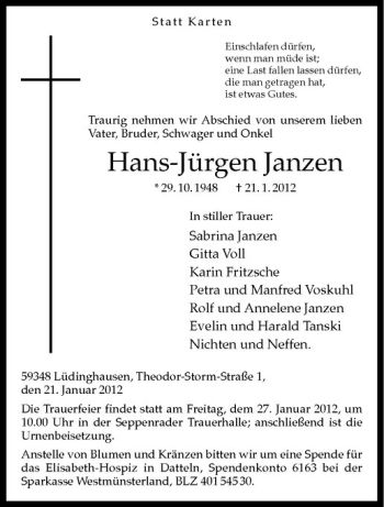 Anzeige von Hans-Jürgen Janzen von Westfälische Nachrichten