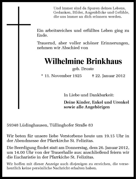  Traueranzeige für Wilhelmine Brinkhaus vom 24.01.2012 aus Westfälische Nachrichten