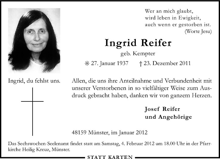  Traueranzeige für Ingrid Reifer vom 02.02.2012 aus Westfälische Nachrichten