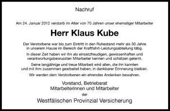 Anzeige von Klaus Kube von Westfälische Nachrichten