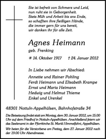 Anzeige von Agnes Heimann von Westfälische Nachrichten