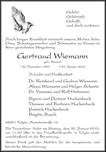 Anzeige von Gertraud Wiemann von Westfälische Nachrichten