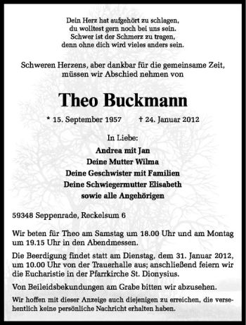 Anzeige von Theo Buckmann von Westfälische Nachrichten