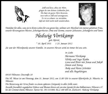 Anzeige von Hedwig Vortkamp von Westfälische Nachrichten