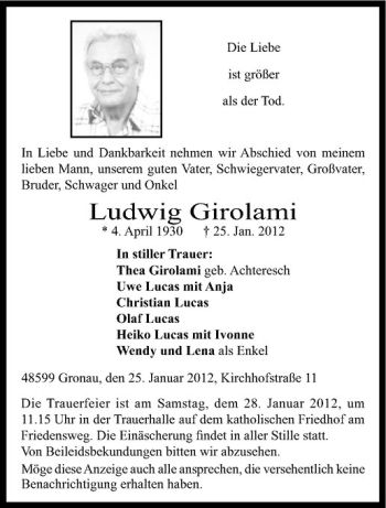 Anzeige von Ludwig Girolami von Westfälische Nachrichten