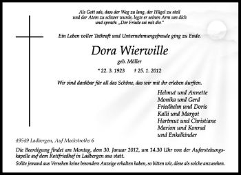 Anzeige von Dora Wierwille von Westfälische Nachrichten