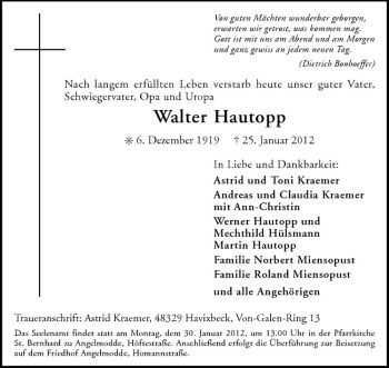 Anzeige von Walter Hautopp von Westfälische Nachrichten