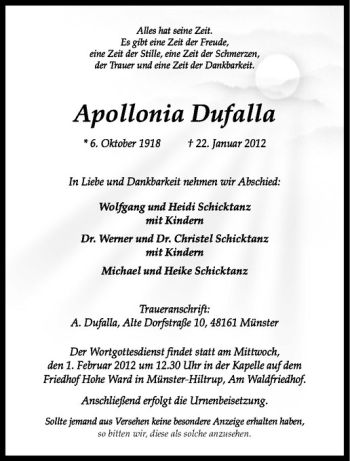 Anzeige von Apollina Dufalla von Westfälische Nachrichten