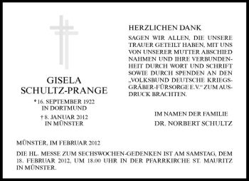 Anzeige von Gisela Schultz-Prange von Westfälische Nachrichten