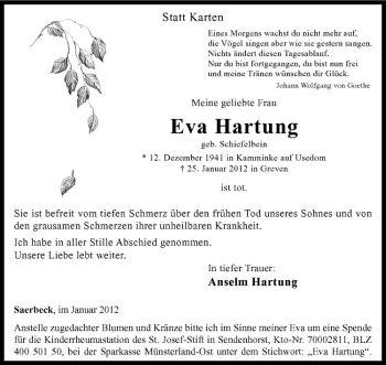 Anzeige von Eva Hartung von Westfälische Nachrichten