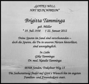 Anzeige von Brigitta Tamminga von Westfälische Nachrichten