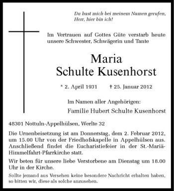 Anzeige von Maria Schulte Kusenhorst von Westfälische Nachrichten