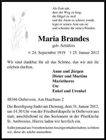 Anzeige von Maria Brandes von Westfälische Nachrichten