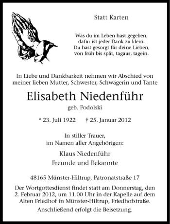 Anzeige von Elisabeth Niedenführ von Westfälische Nachrichten