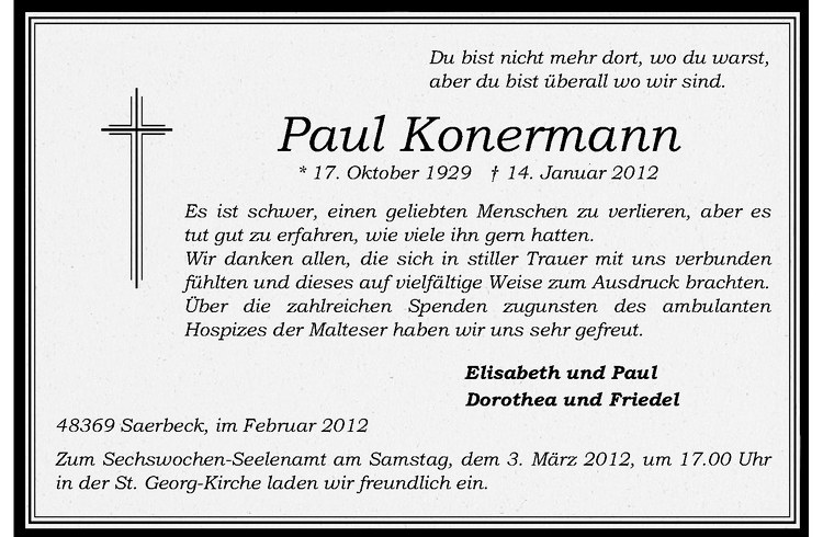  Traueranzeige für Paul Konermann vom 01.02.2012 aus Westfälische Nachrichten
