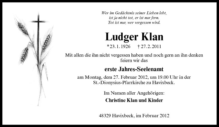  Traueranzeige für Ludger Klan vom 18.02.2012 aus Westfälische Nachrichten