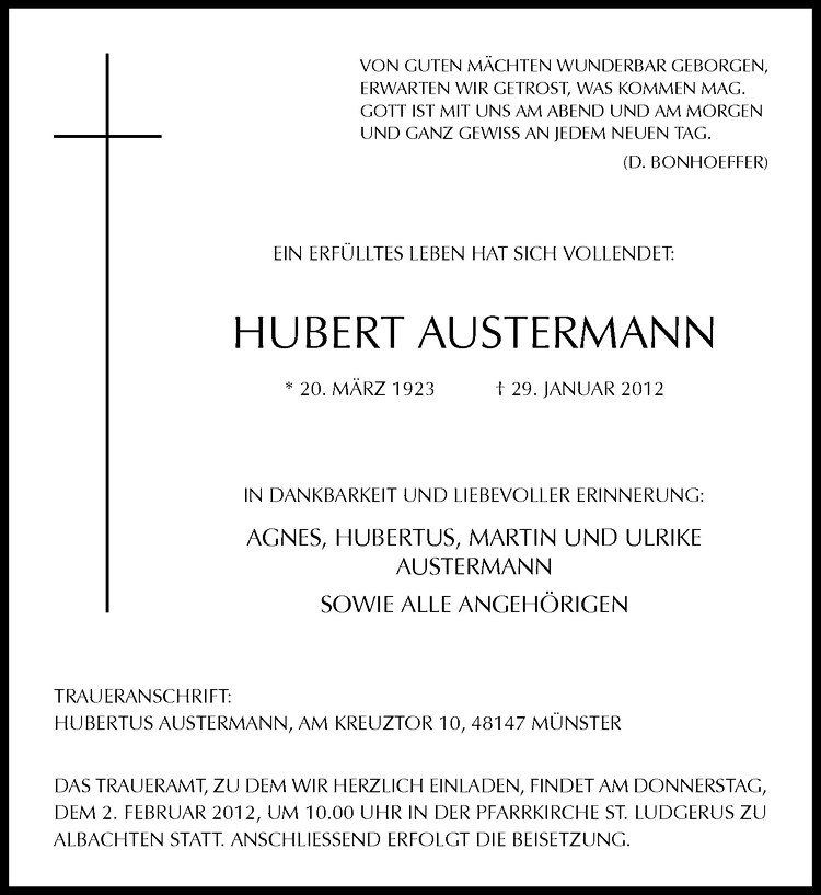  Traueranzeige für Hubert Austermann vom 31.01.2012 aus Westfälische Nachrichten