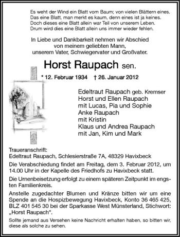 Anzeige von Horst Raupach von Westfälische Nachrichten