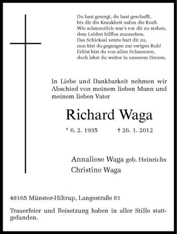 Anzeige von Richard Waga von Westfälische Nachrichten