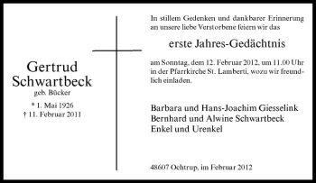 Anzeige von Gertrud Schwartbeck von Westfälische Nachrichten