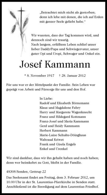 Anzeige von Josef Kammann von Westfälische Nachrichten