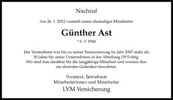 Anzeige von Günther Ast von Westfälische Nachrichten
