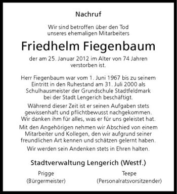 Anzeige von Friedhelm Fiegenbaum von Westfälische Nachrichten