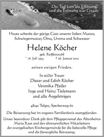 Anzeige von Helene Köcher von Westfälische Nachrichten