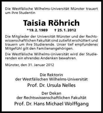 Anzeige von Taisia Röhrich von Westfälische Nachrichten
