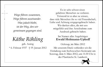 Anzeige von Käthe Röhling von Westfälische Nachrichten