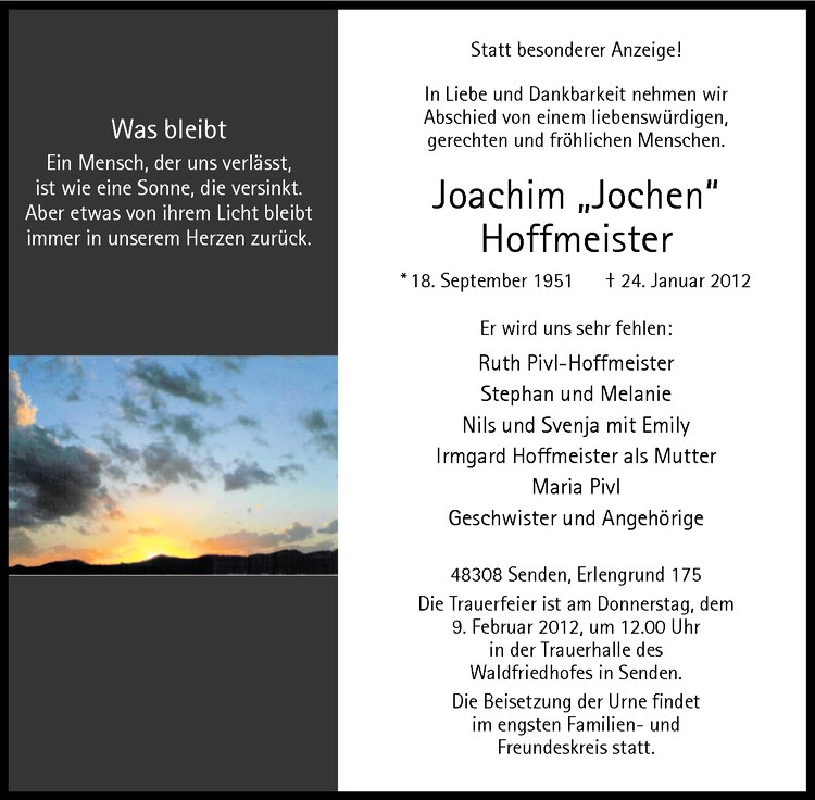  Traueranzeige für Joachim Hoffmeister vom 04.02.2012 aus Westfälische Nachrichten