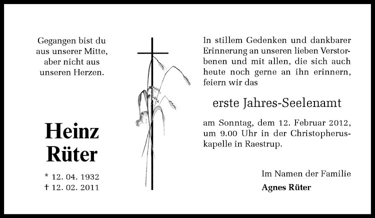  Traueranzeige für Heinz Rüter vom 04.02.2012 aus Westfälische Nachrichten