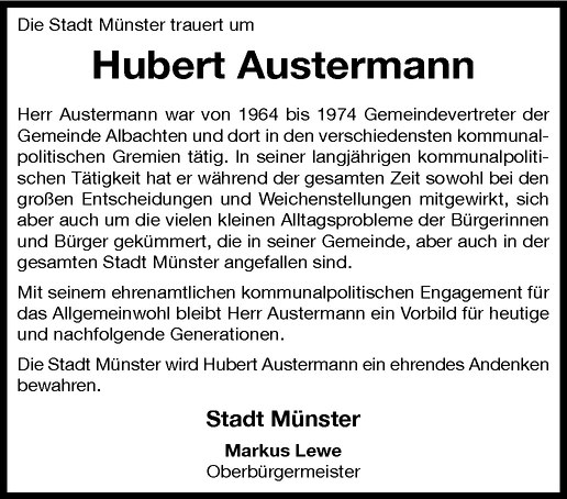  Traueranzeige für Hubert Austermann vom 04.02.2012 aus Westfälische Nachrichten