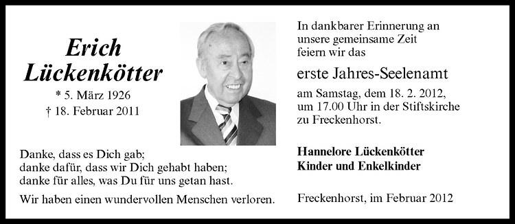  Traueranzeige für Erich Lückenkötter vom 11.02.2012 aus Westfälische Nachrichten