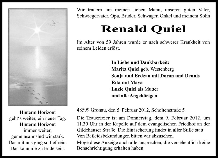  Traueranzeige für Renald Quiel vom 07.02.2012 aus Westfälische Nachrichten