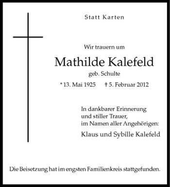 Anzeige von Mathilde Kalefeld von Westfälische Nachrichten